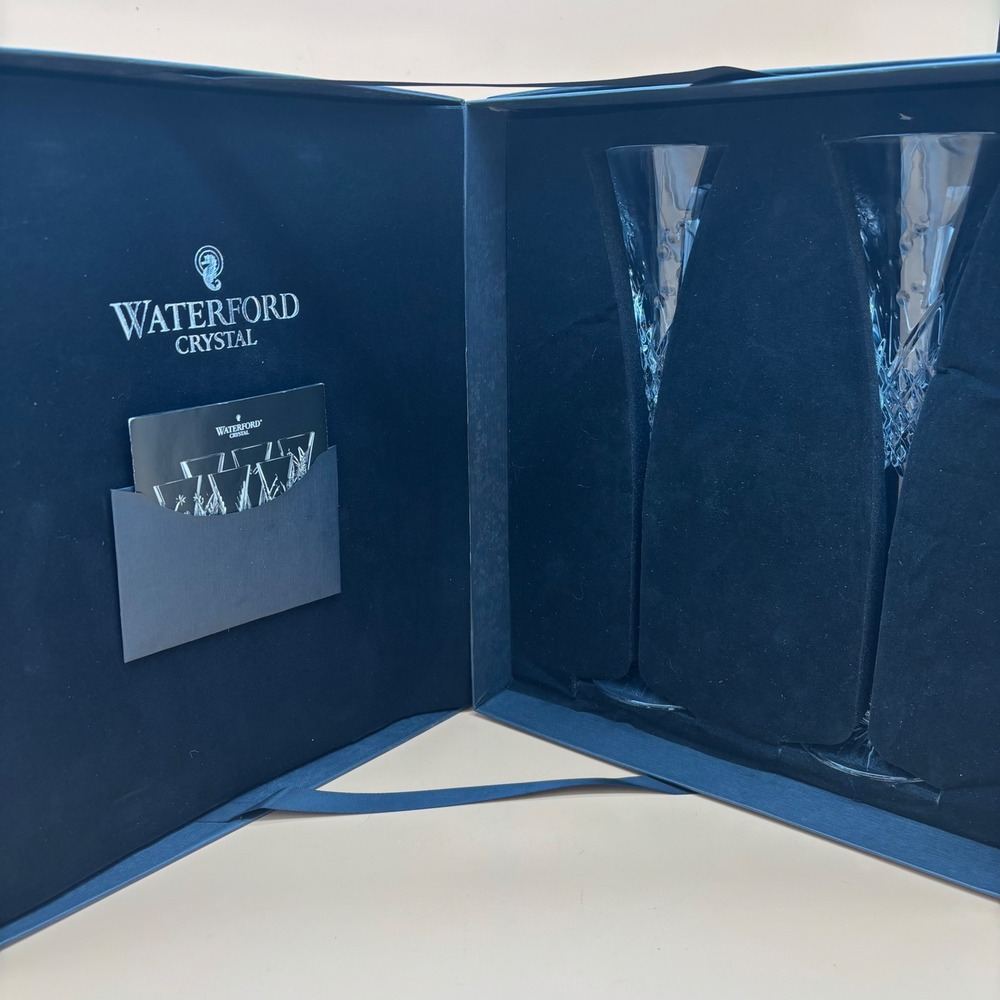 Waterford Crystal Wishes Happy Celebrations Champagne Flutes Set of 2 with Box